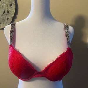 ⭐️EUC! Victoria’s Secret red lace push up bra with jeweled straps 34B